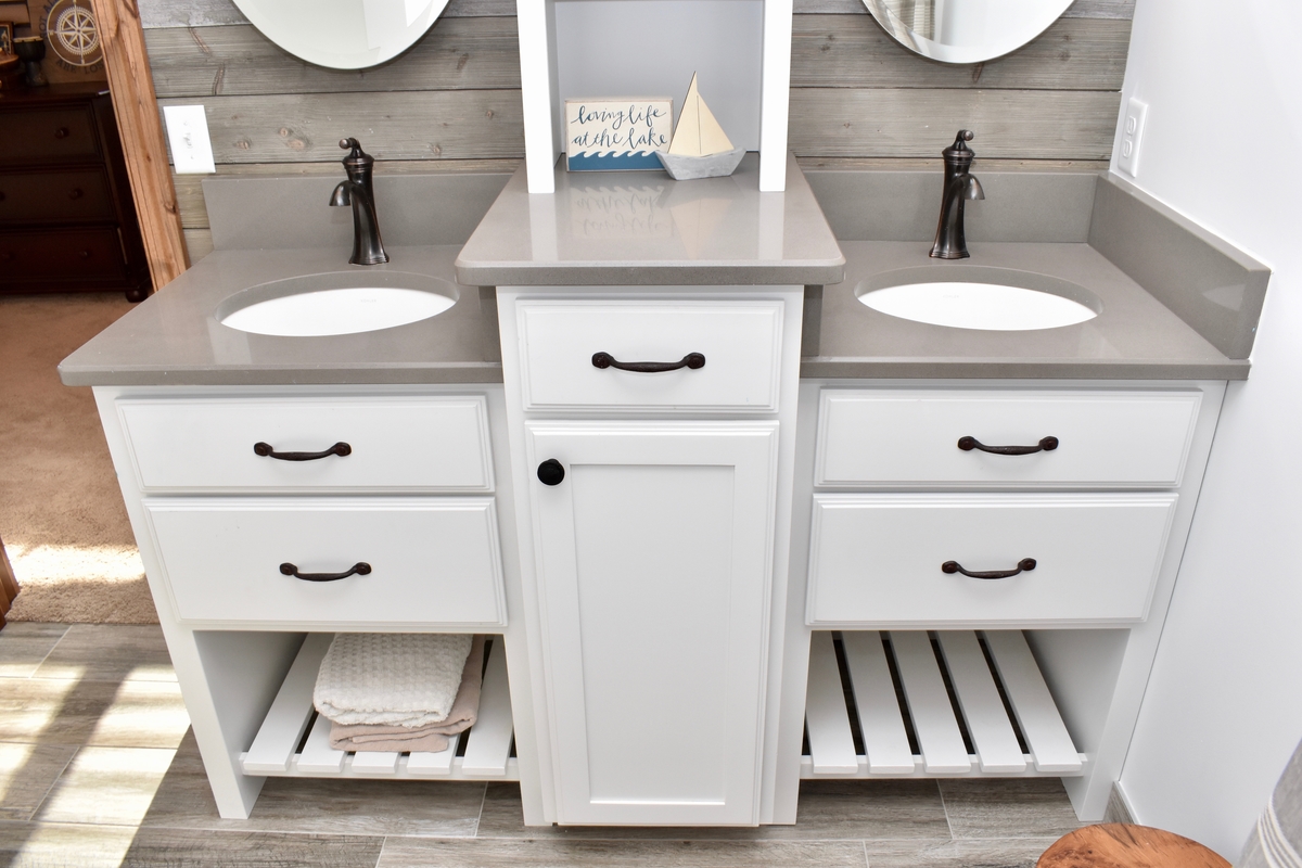 5-drawer vanity system with tower, oil-rubbed bronze hardware