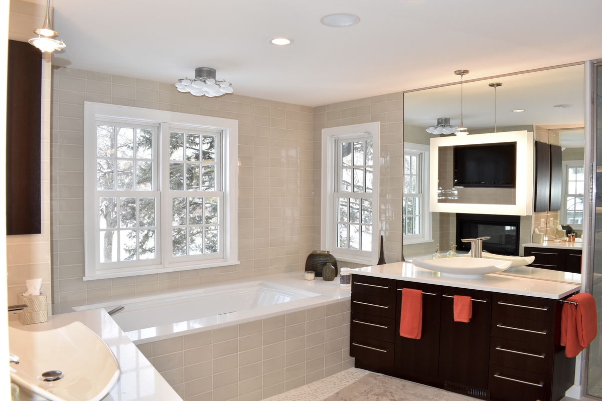 modern warmth master bathroom, double vanity and double mirrors, walk-in shower