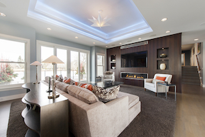 Contemporary living-space with medium wood floors, open floor plan and tray ceiling.