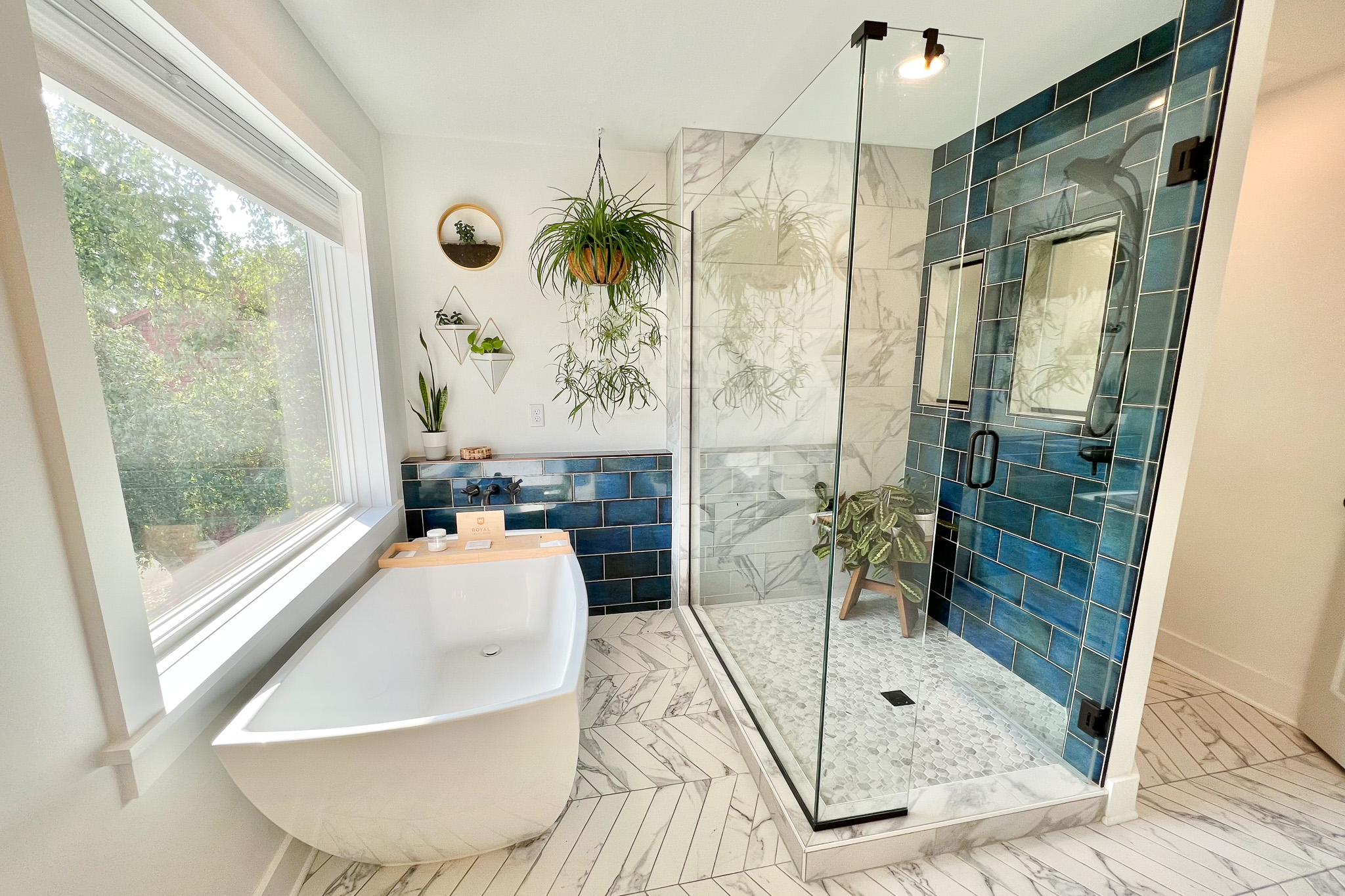 Tiled master bath - freestanding tub and shower