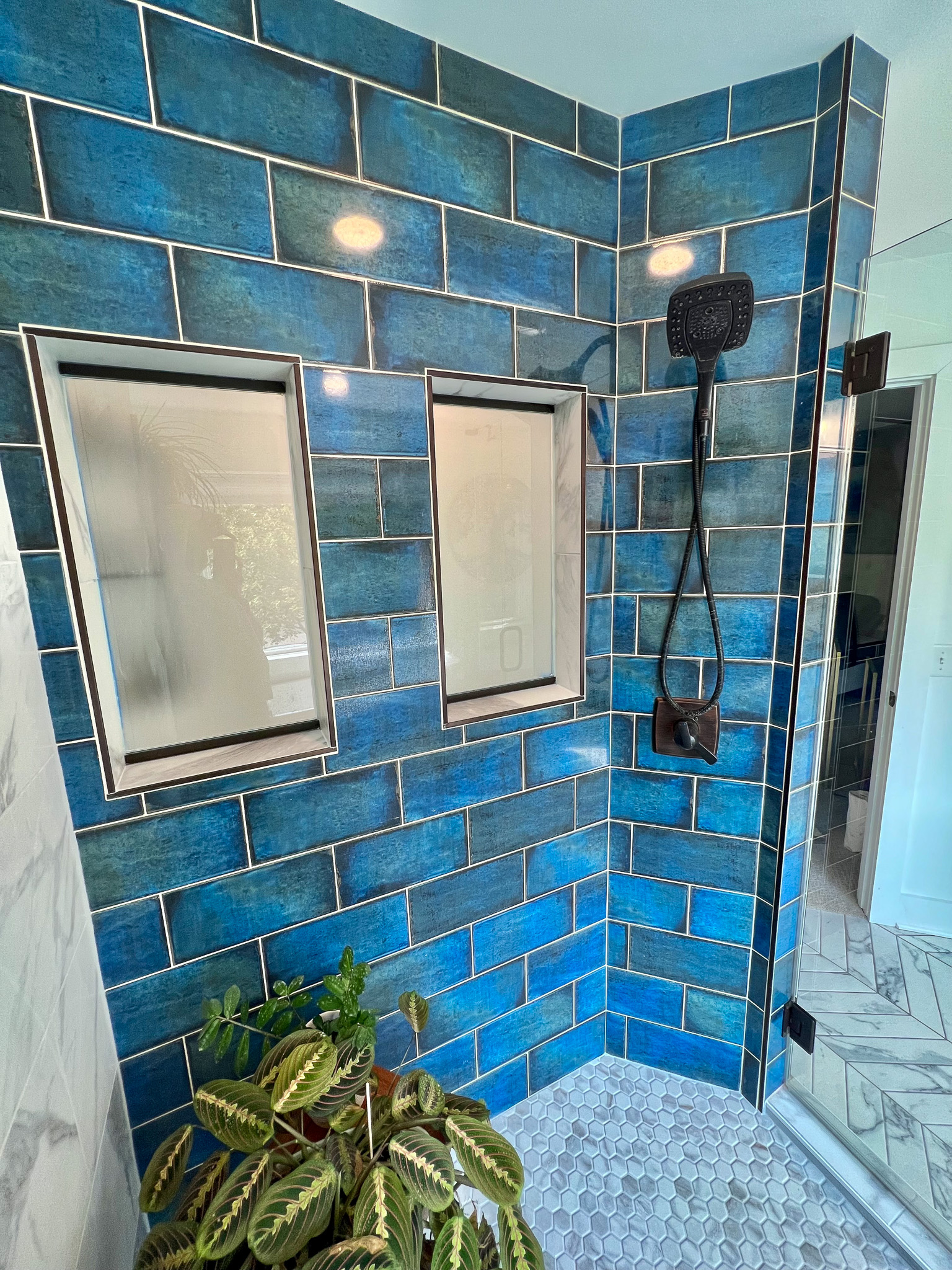Blue tiled shower