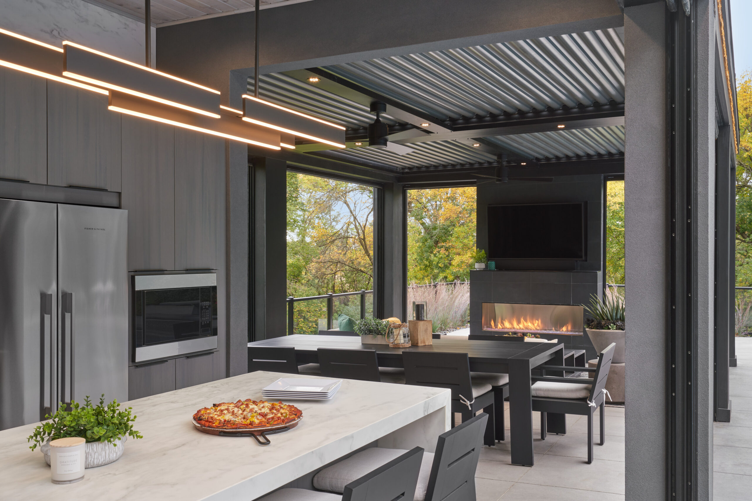 Contemporary outdoor kitchen - part of poolhouse project - Louvers closed.