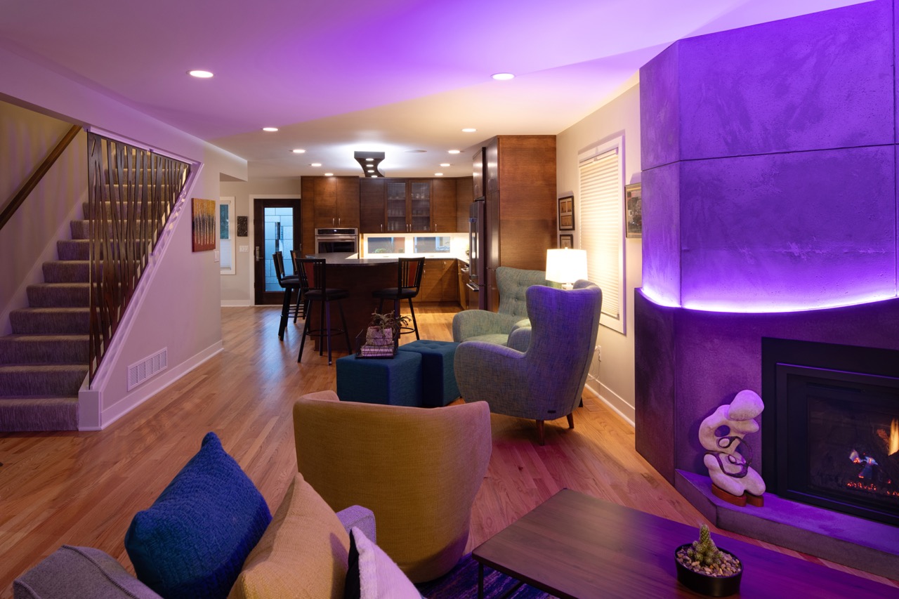 Midcentury Makeover - Illuminated Living Room - Custom Fireplace & purple LED lighting