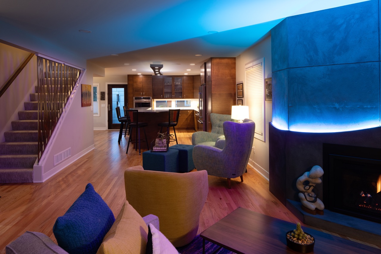 Midcentury Makeover - Illuminated Living Room - Custom Fireplace & blue LED lighting