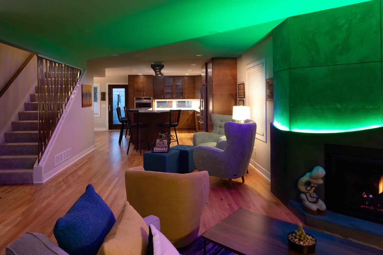 Midcentury Makeover - Illuminated Living Room - Custom Fireplace & green LED lighting