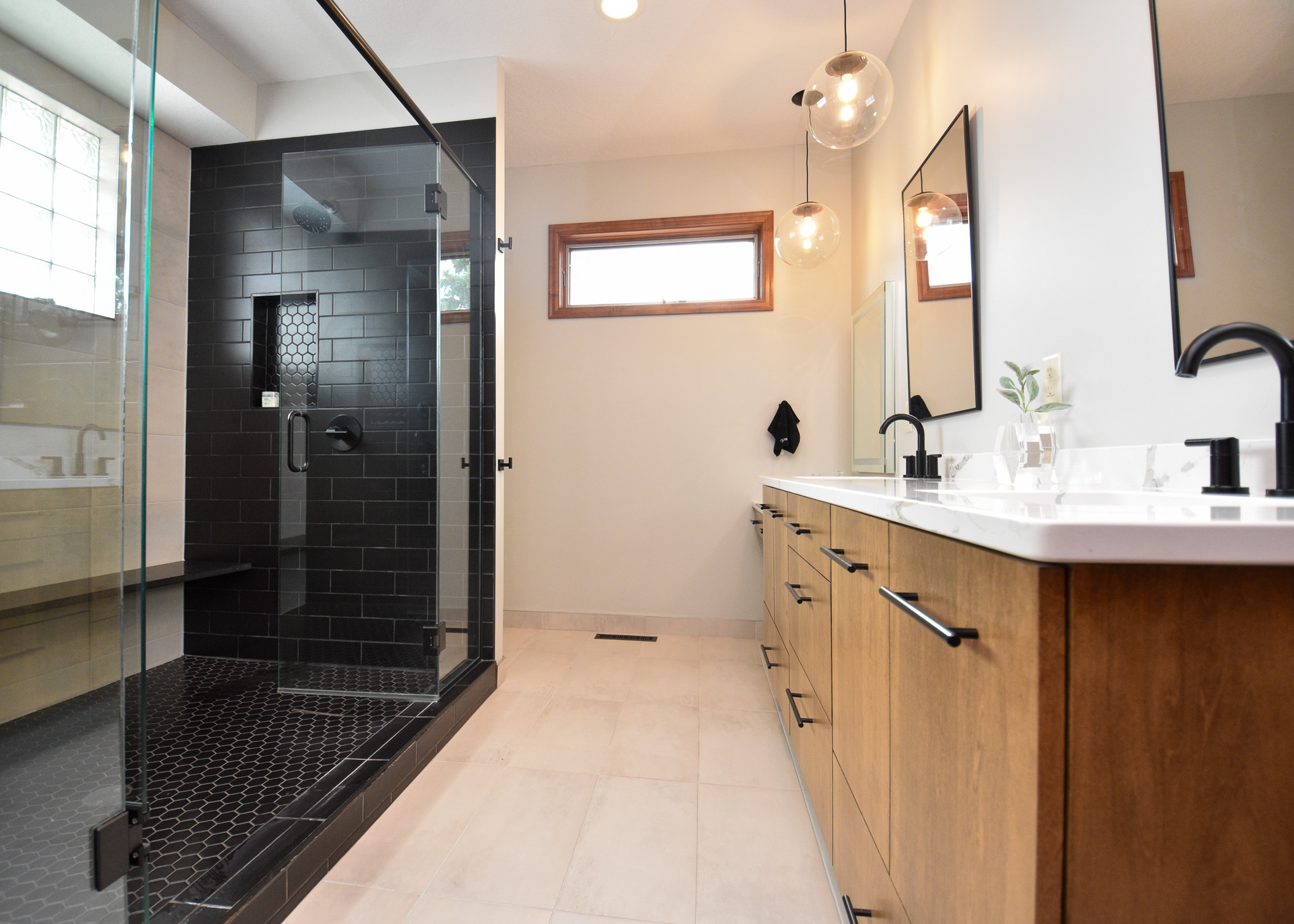 Contemporary Living - Master Bath - Double Shower - Black Tile - Double Vanity