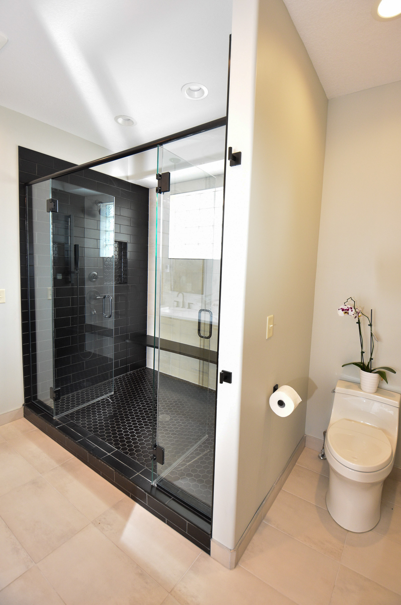 Contemporary Living - Master Bath - Double Shower - Black Tile - toilet